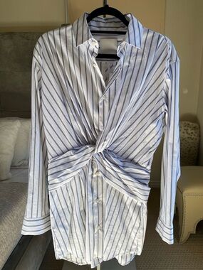 Christopher Esber Blue and White Striped Twist-Front Button-Down Shirt